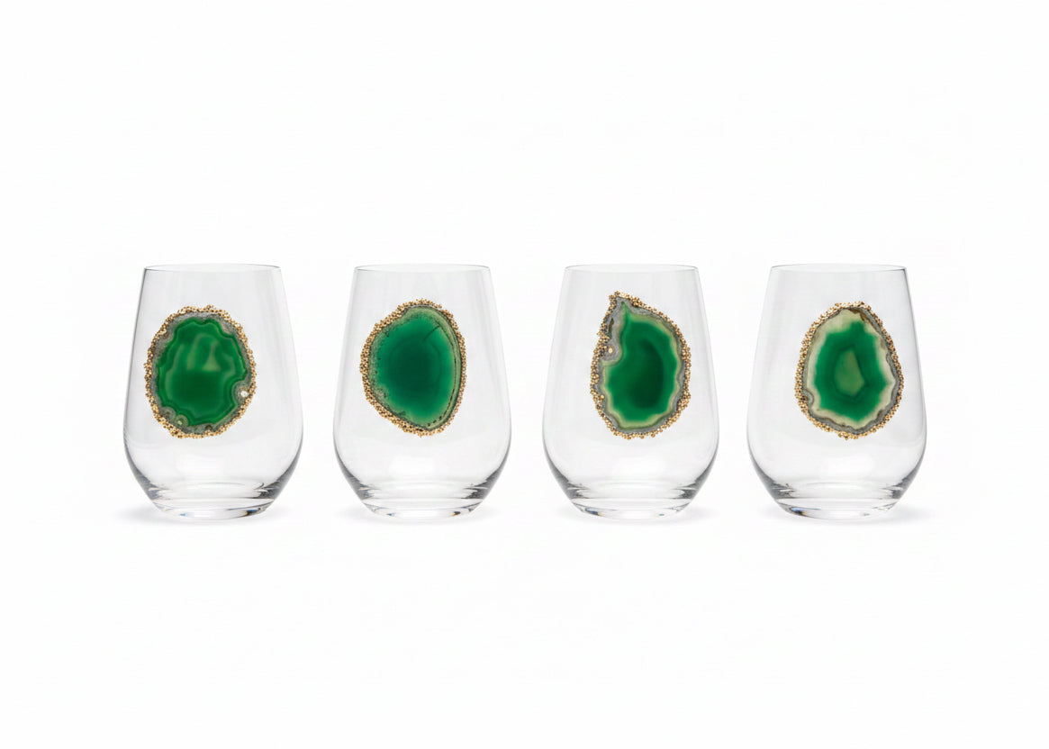 Green Sliced agate Geode with Pyrite Rim on Crystal Wineglasses. Set of 4