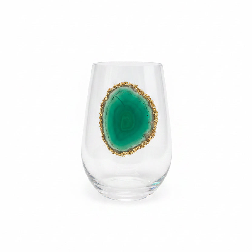 Green Sliced agate Geode with Pyrite Rim on Crystal Wineglasses. Set of 4
