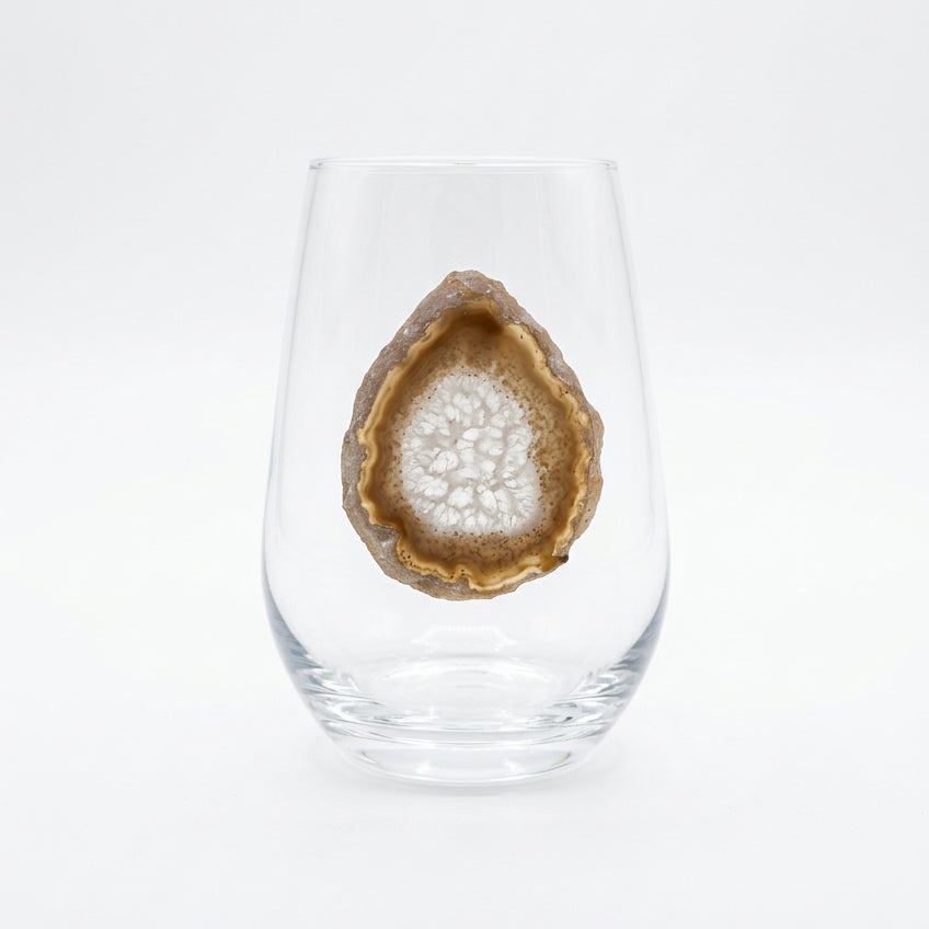 White Agate Sliced Geode on Crystal Stemless Wineglass. Set of 4
