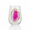 Pink Sliced Agate Geode with Pyrite Rim on Crystal Wineglasses. Set of 4