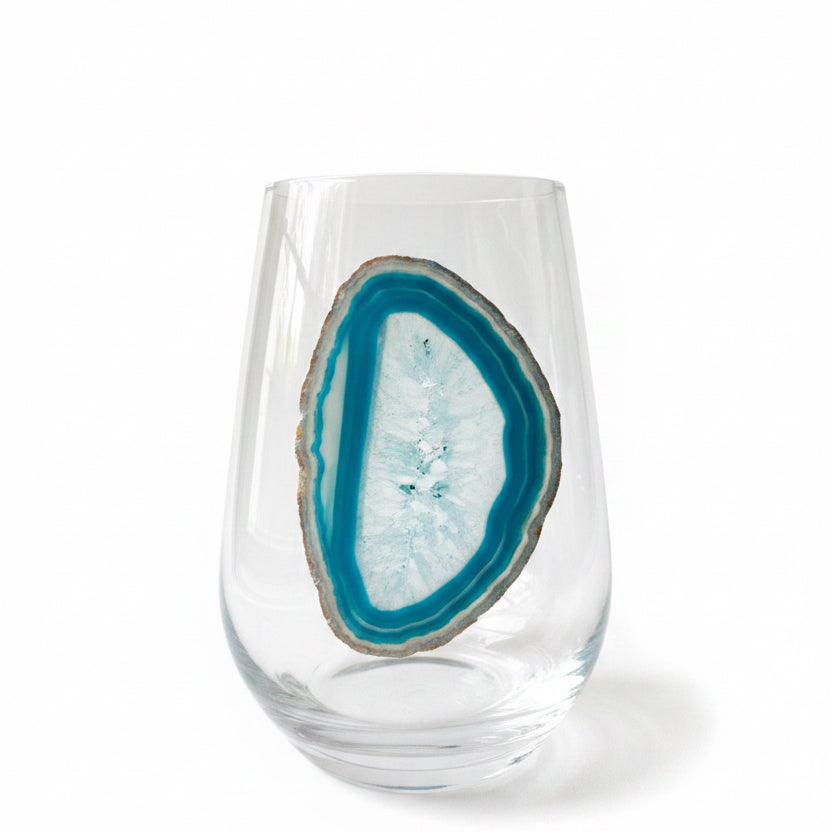 Aqua Blue Sliced Agate Crystal Stemless Wineglasses. Set of 4