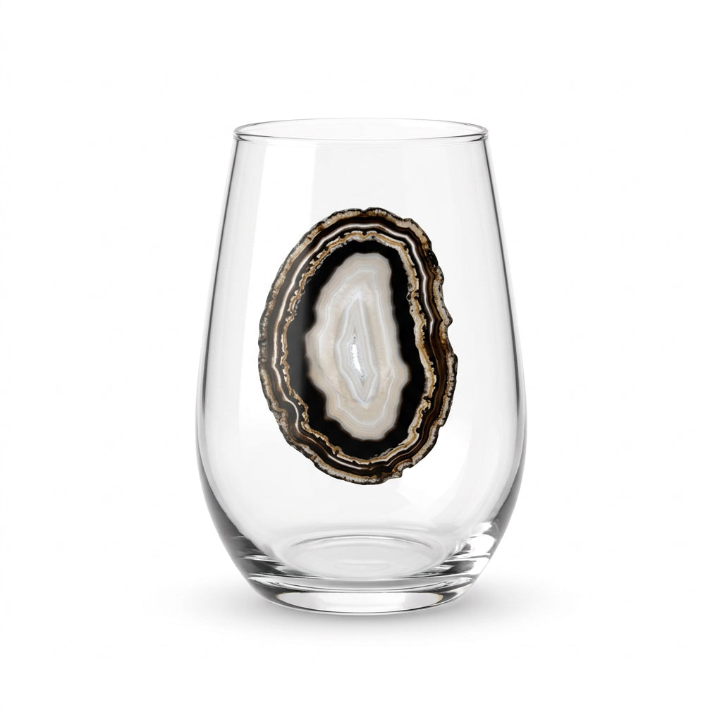 Black and grey Sliced Agate Geodes on Crystal Stemless wineglass . Set of 4