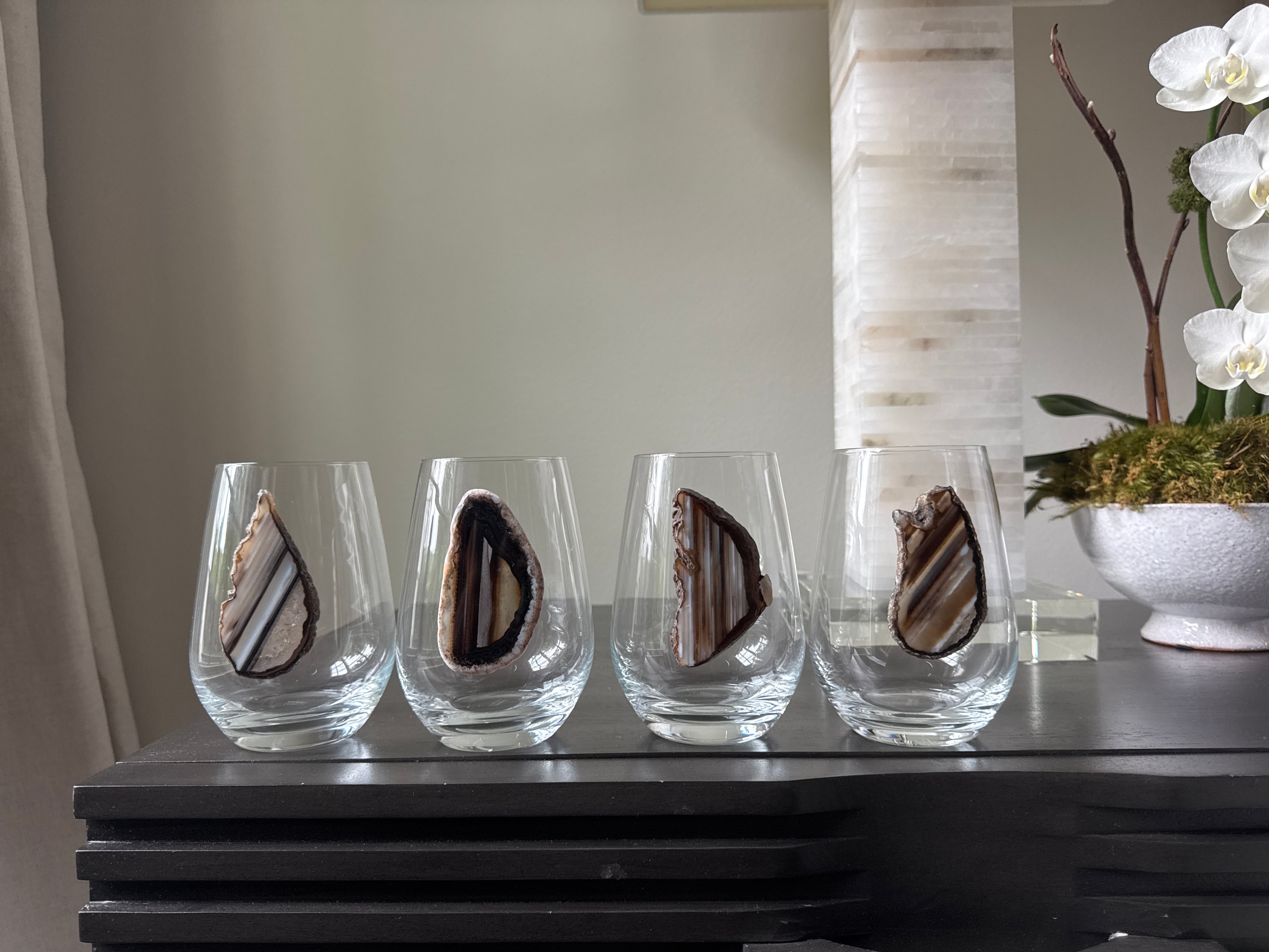 Natural Sliced Agate Geodes on Crystal Wineglasses. Set of 4
