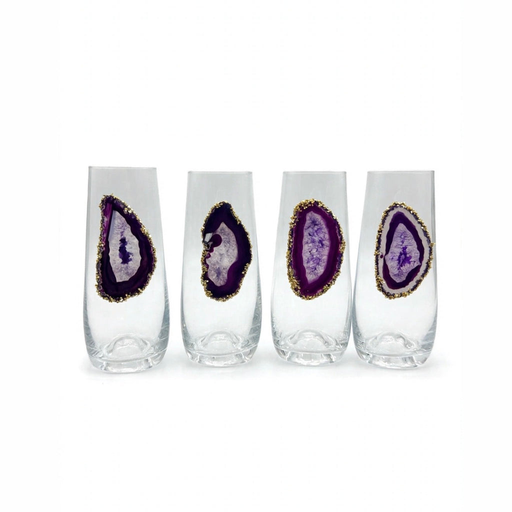 Purple Agate Sliced Geode with Pyrite Rim on Crystal Champagne Flutes. Set of 4. ￼