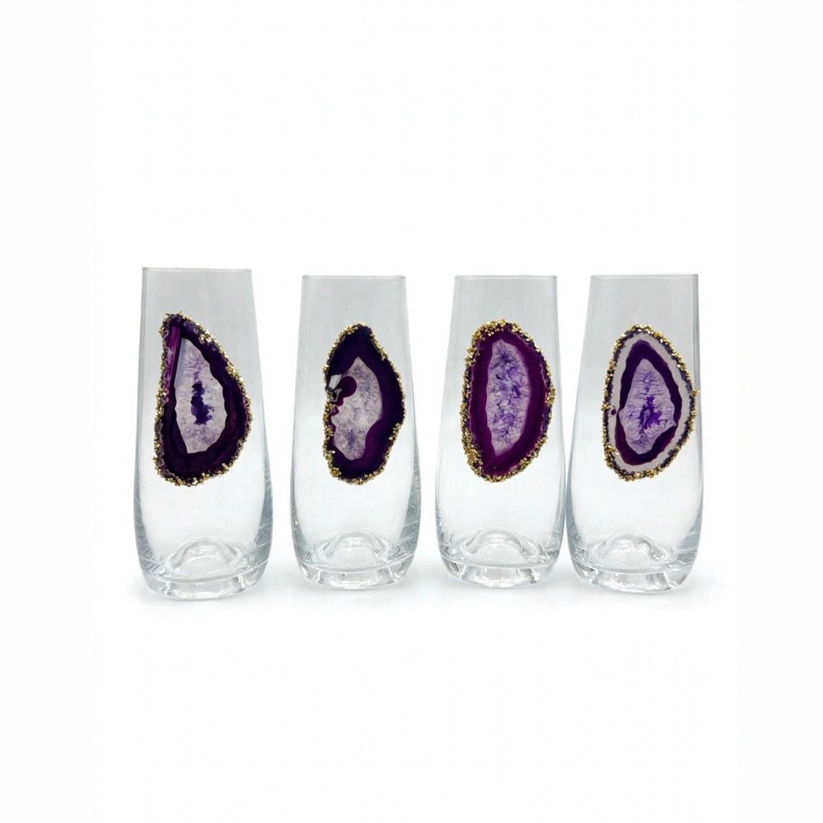 Purple Agate Sliced Geode with Pyrite Rim on Crystal Champagne Flutes. Set of 4. ￼