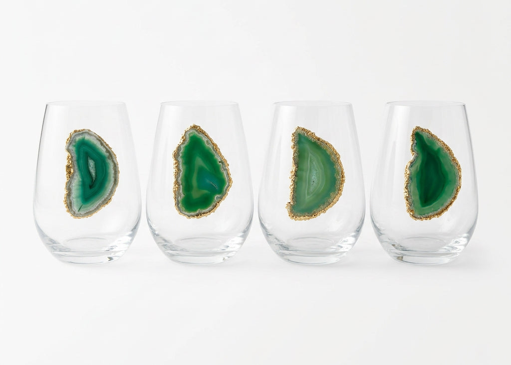 Green Agate Geode with Pyrite Rim on Crystal Stemless Wineglass. Set of 4