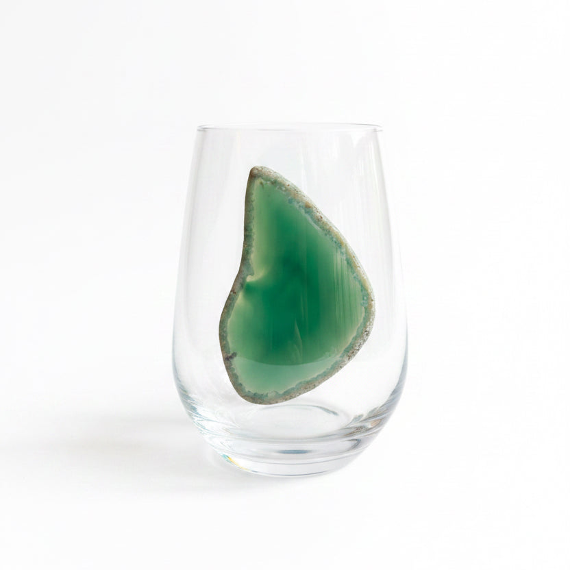 Light Green Sliced Agate Geode on Crystal Wineglass. Set of 4