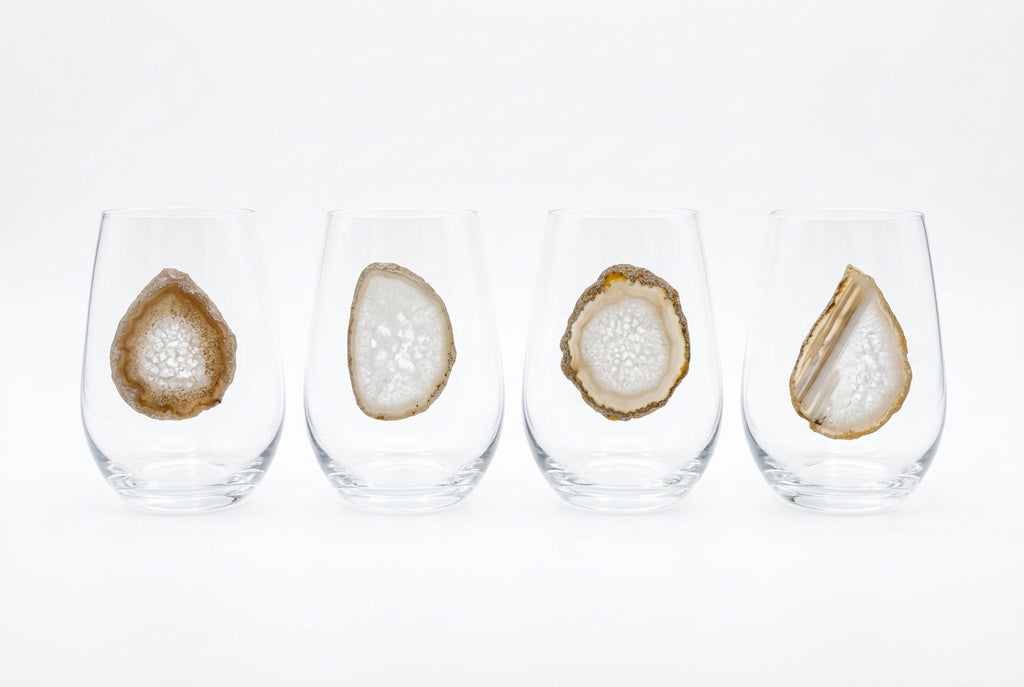 White Agate Sliced Geode on Crystal Stemless Wineglass. Set of 4
