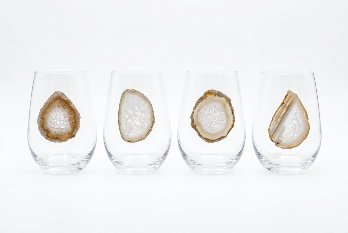 White Agate Sliced Geode on Crystal Stemless Wineglass. Set of 4