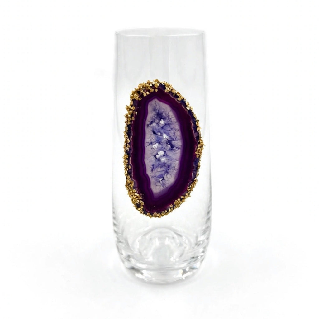 Purple Agate Sliced Geode with Pyrite Rim on Crystal Champagne Flutes. Set of 4. ￼