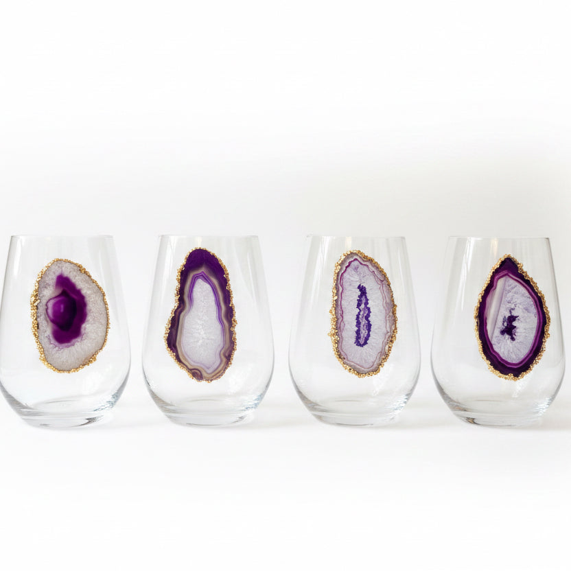 Purple Agate Sliced Geodes on Crystal Wineglass. Set of 4