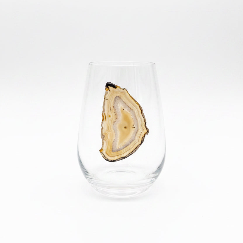 Amber, Grey and Black Agate Geodes on Crystal Wineglass. Set of 4