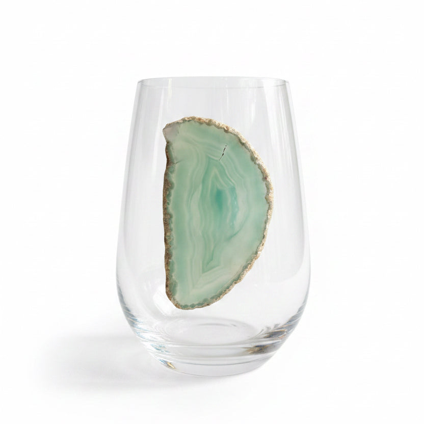 Light Green Sliced Agate Geode on Crystal Wineglass. Set of 4
