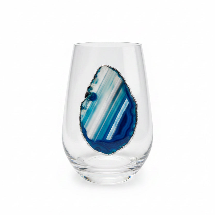 Blue and White Agate Geode Stemless Wineglasses on Crystal. Set of 4