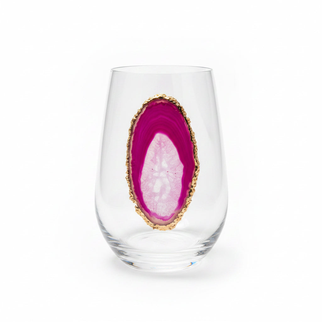 Pink Agate sliced Geodes Wineglasses with Pyrite rim. Set of 4