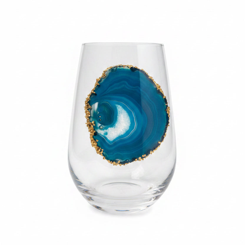 Aqua Blue Agate Sliced Geodes on Crystal Wineglasses. Set of 4