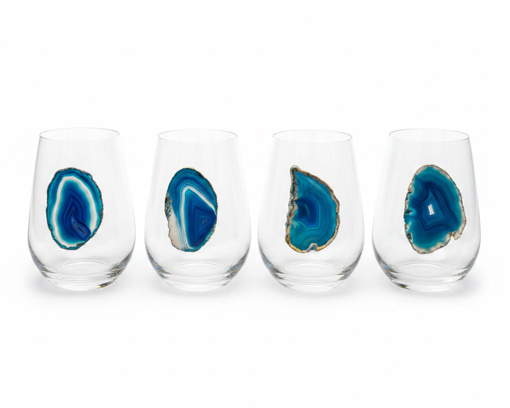 Blue agate Sliced Geodes on Crystal Wineglasses. Set of 4