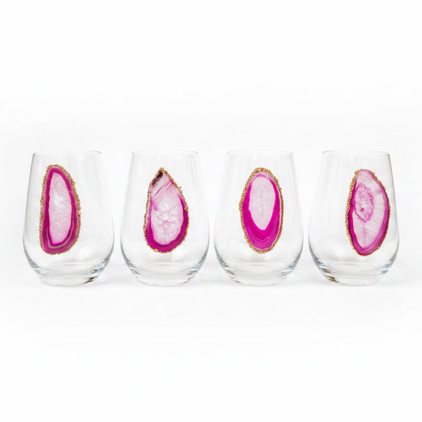 Pink Agate sliced Geodes Wineglasses with Pyrite rim. Set of 4