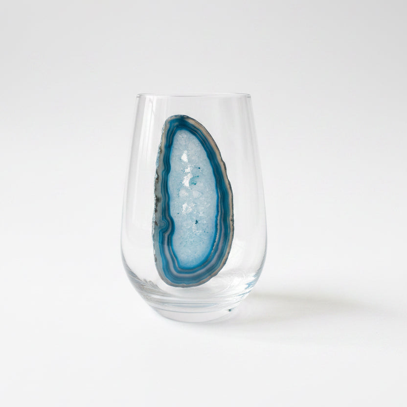 Blue and white Sliced agate Geode on Crystal Wineglass. Set of 4. 19.1 ounces
