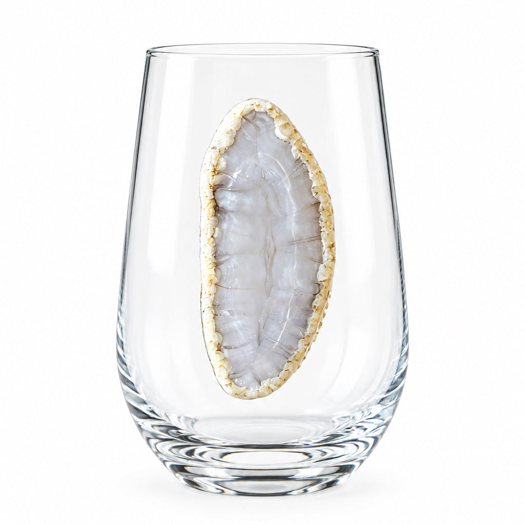 White Agate Sliced Geode on Crystal Wineglass. Set of 4