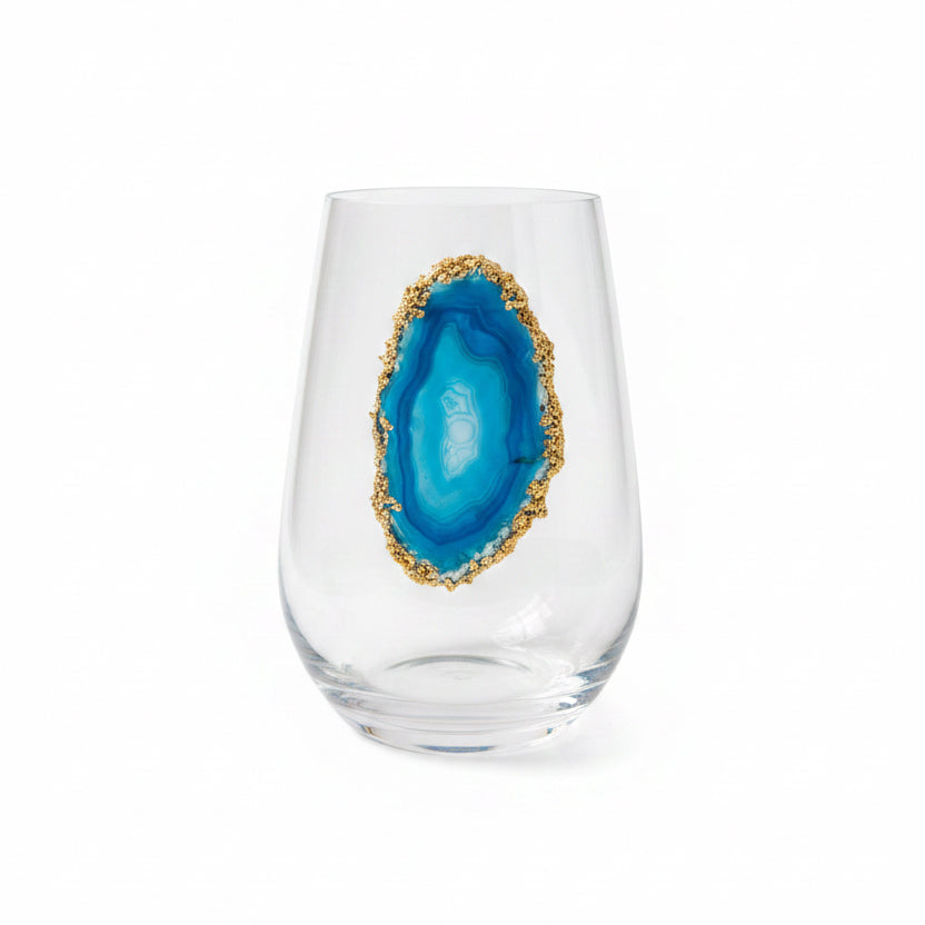 Aqua Blue Agate Sliced Geodes on Crystal Wineglasses. Set of 4