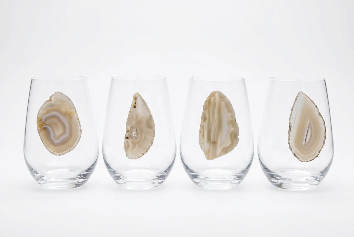Grey Agate Sliced Geodes on Crystal Stemless Wineglass. Set of 4