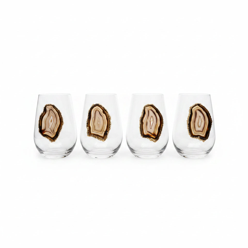 Brown Agate Geodes on Crystal Wineglasses. Set of 4