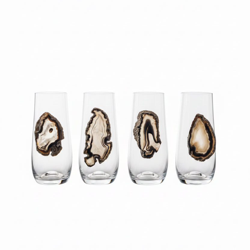 Natural (Black and Brown) Agate Geodes on stemless Crystal glasses. Set of 4