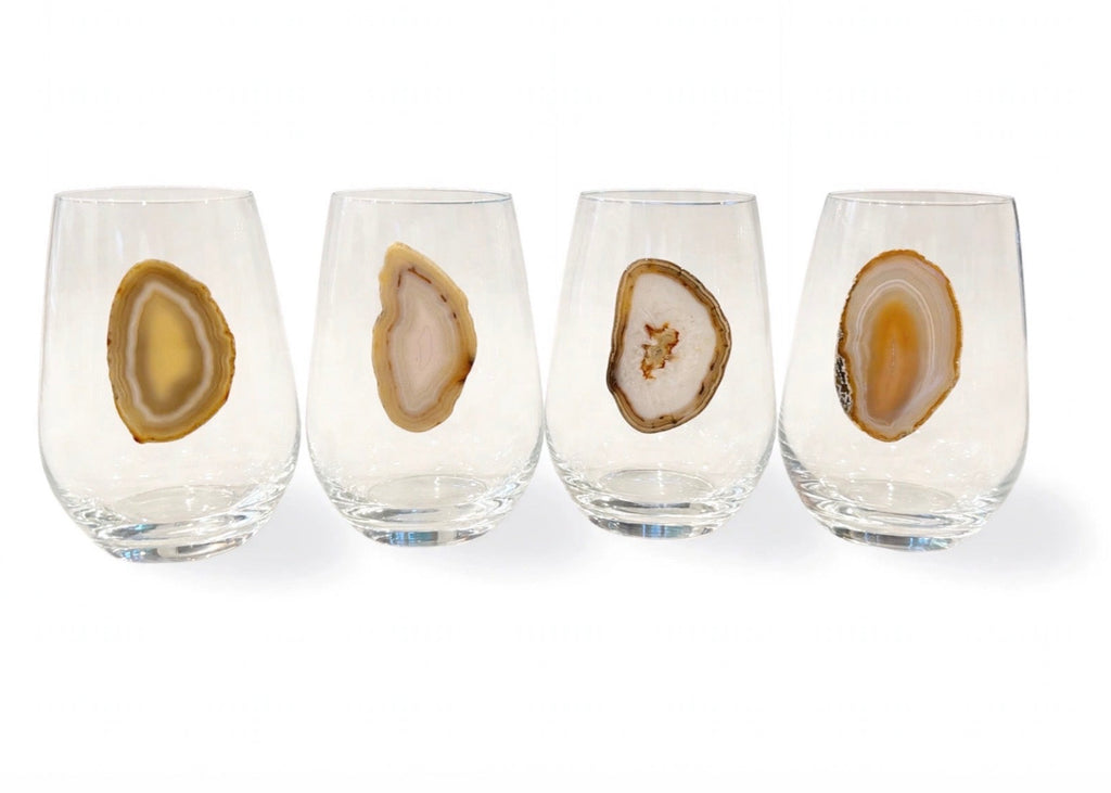 White and Light Amber Agate Geodes on Crystal Wineglass. Set of 4