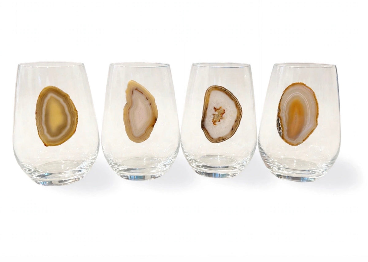 White and Light Amber Agate Geodes on Crystal Wineglass. Set of 4