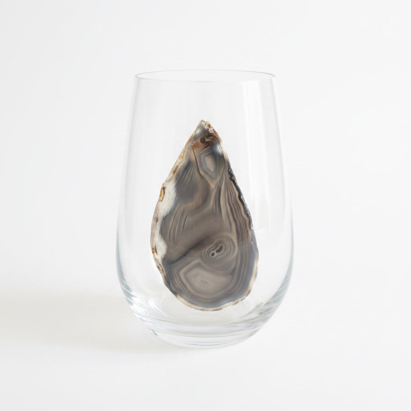 Grey and White Agate Geodes on Crystal Wineglass. Set of 4