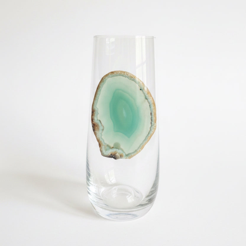 Light Green Sliced Agate Geode on Stemless Crystal Flute. Set of 4