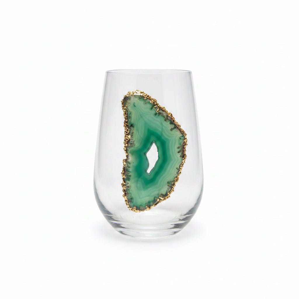 Green Agate Geode with Pyrite Rim on Crystal Wineglass. Set of 4