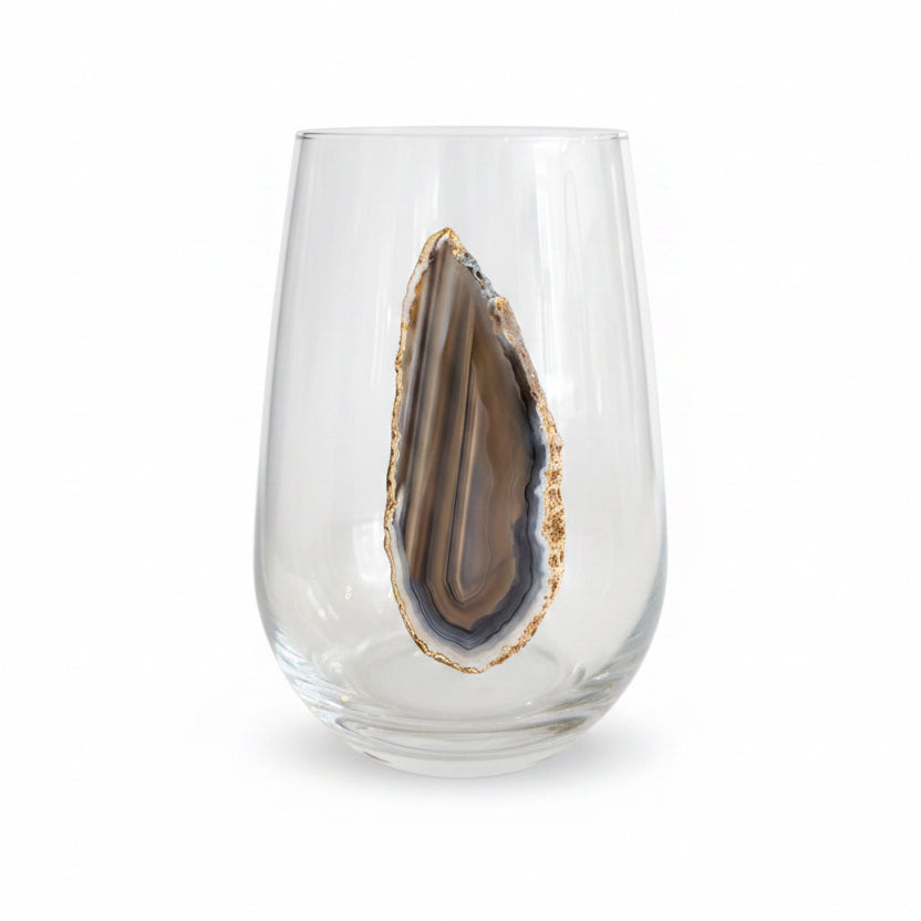 Grey and White Agate Geodes on Crystal Wineglass. Set of 4
