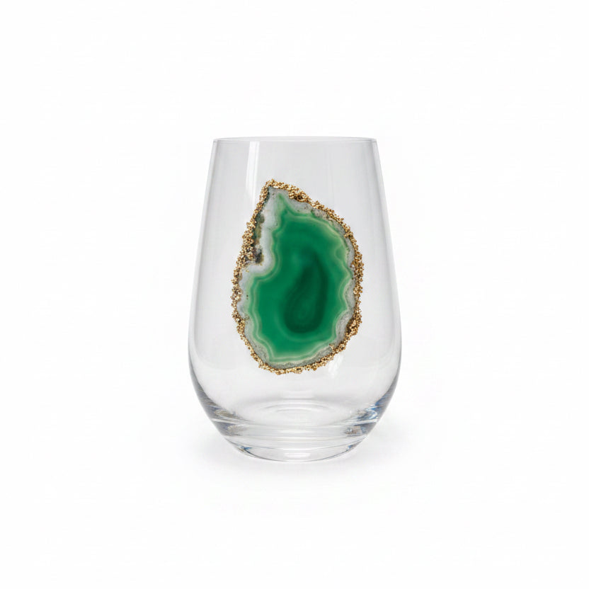 Green Sliced agate Geode with Pyrite Rim on Crystal Wineglasses. Set of 4