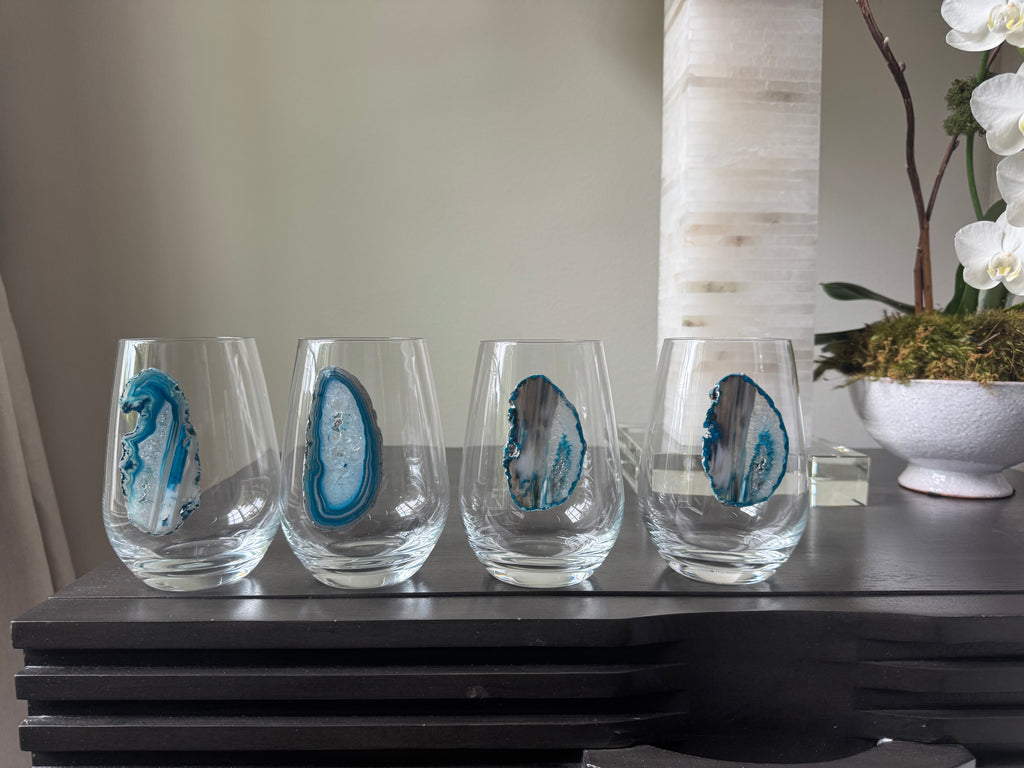 Blue and white Sliced agate Geode on Crystal Wineglass. Set of 4. 19.1 ounces