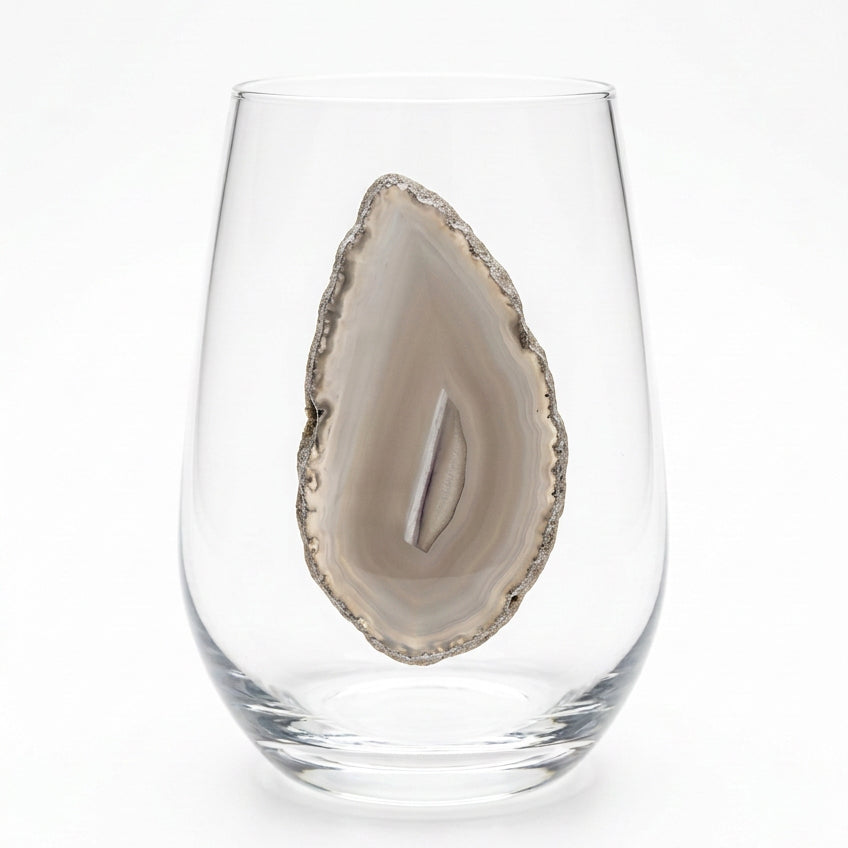 Grey Agate Sliced Geodes on Crystal Stemless Wineglass. Set of 4