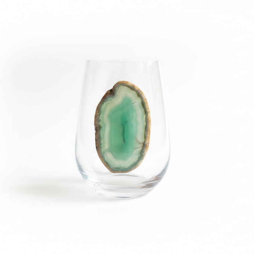 Light Green Sliced Agate Geode on Crystal Wineglass. Set of 4
