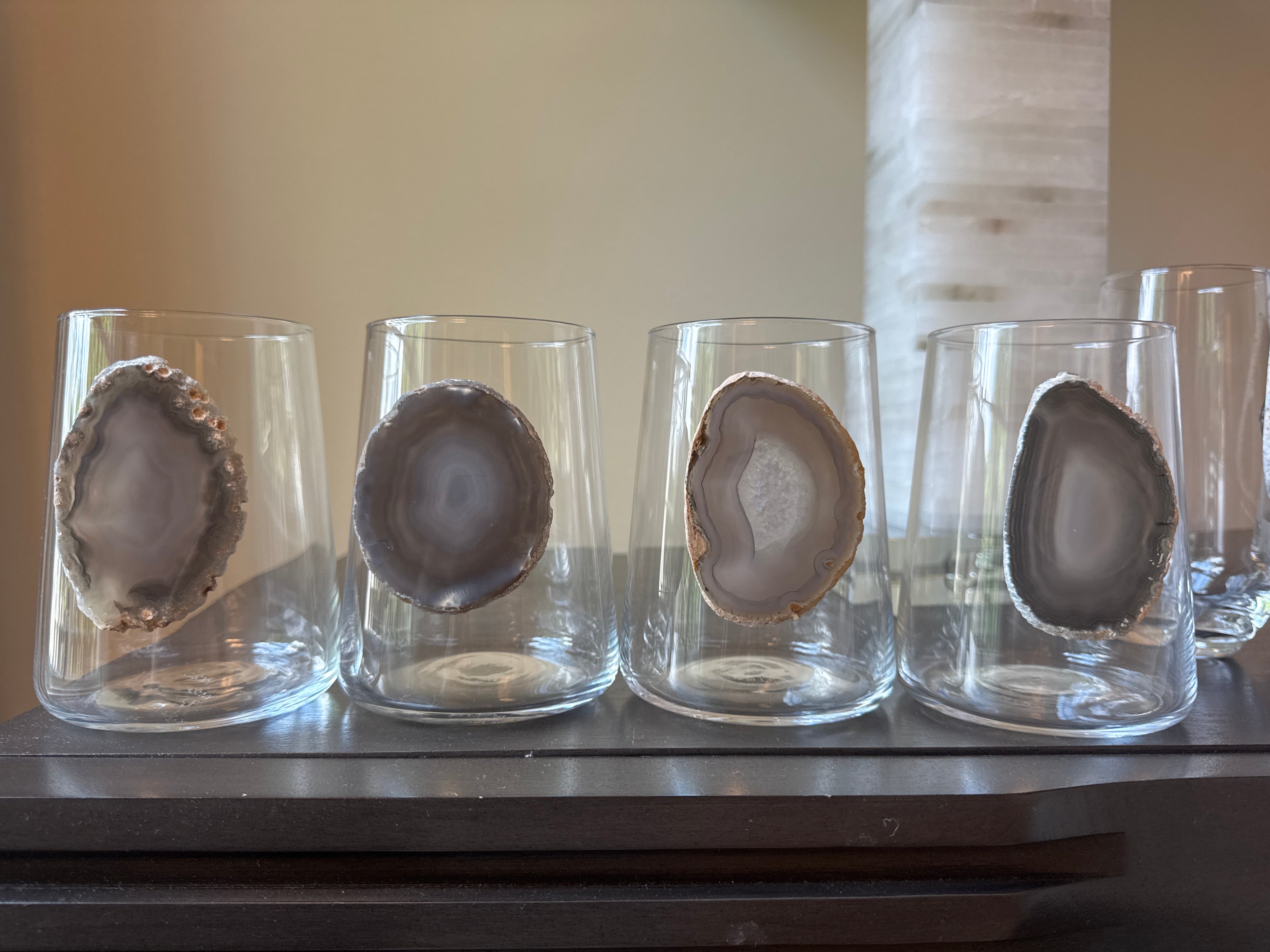 Gray agate, sliced geodes. Tumblr set of 4 . 16.6 oz juice or water glass