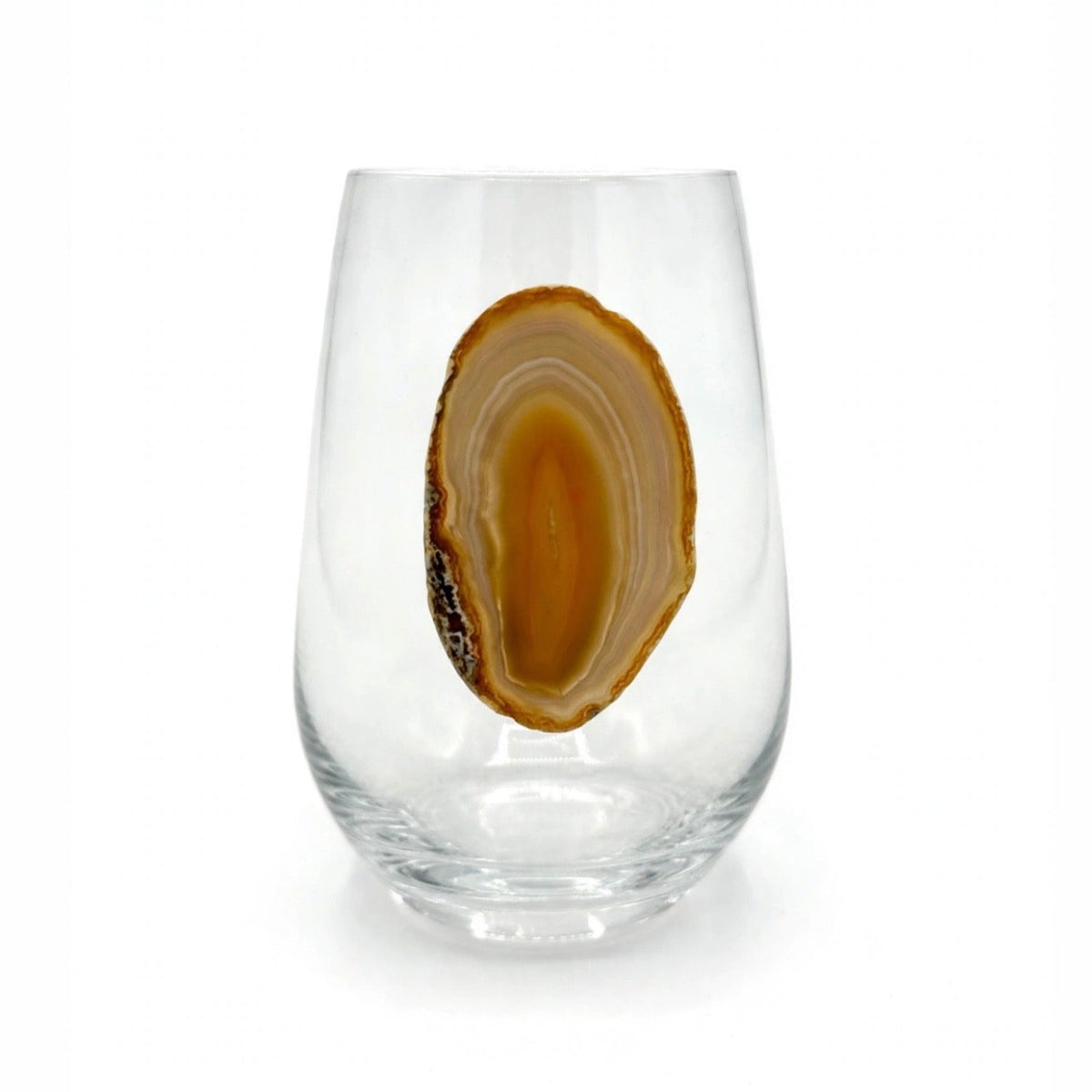 White and Light Amber Agate Geodes on Crystal Wineglass. Set of 4