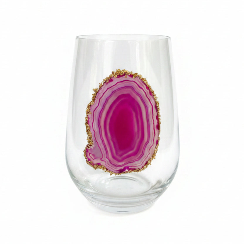 Pink Sliced Agate Geode with Pyrite Rim on Crystal Wineglasses. Set of 4