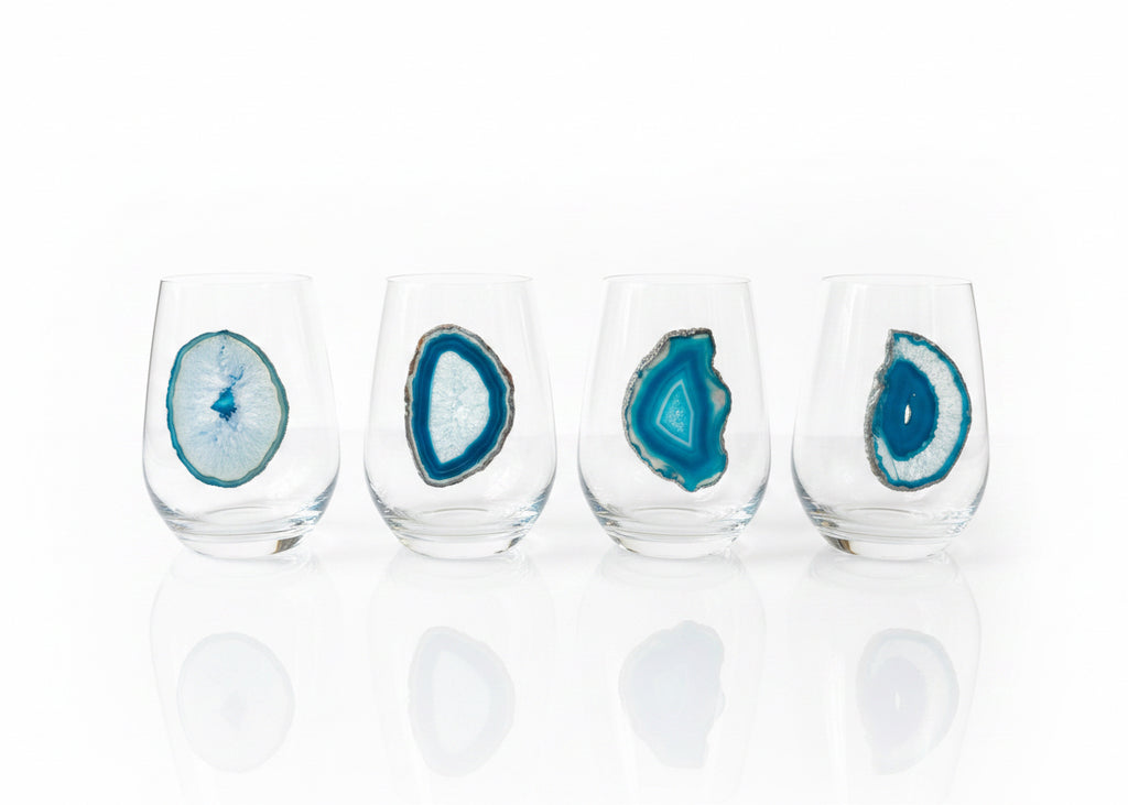 Aqua Blue Sliced Agate Crystal Stemless Wineglasses. Set of 4