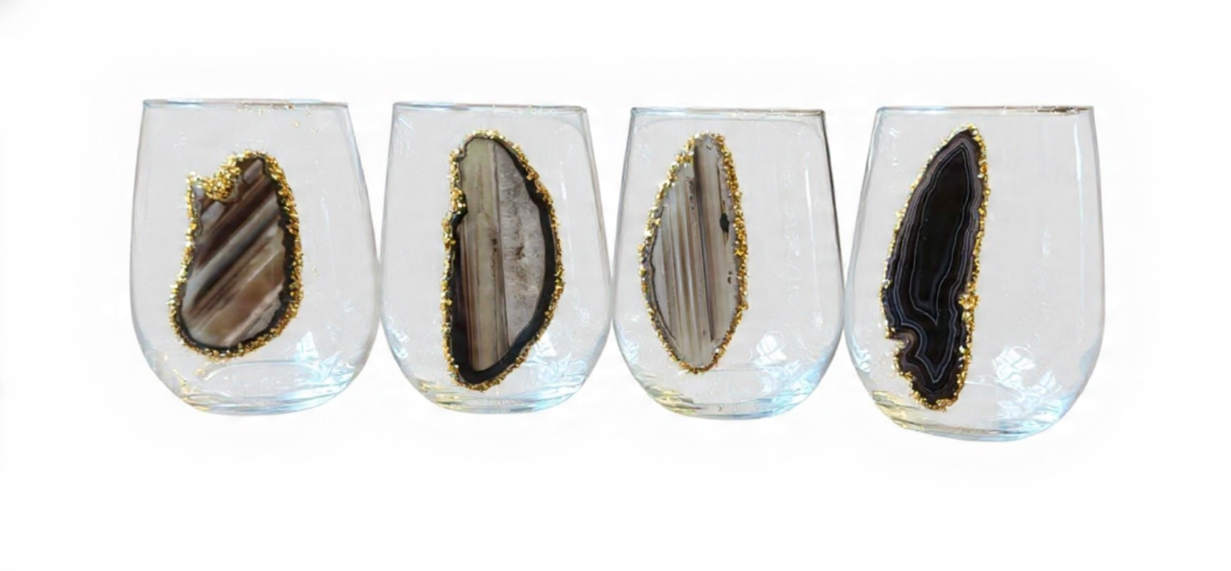 Natural Sliced Agate Geode Stemless Wineglass. Set of 4