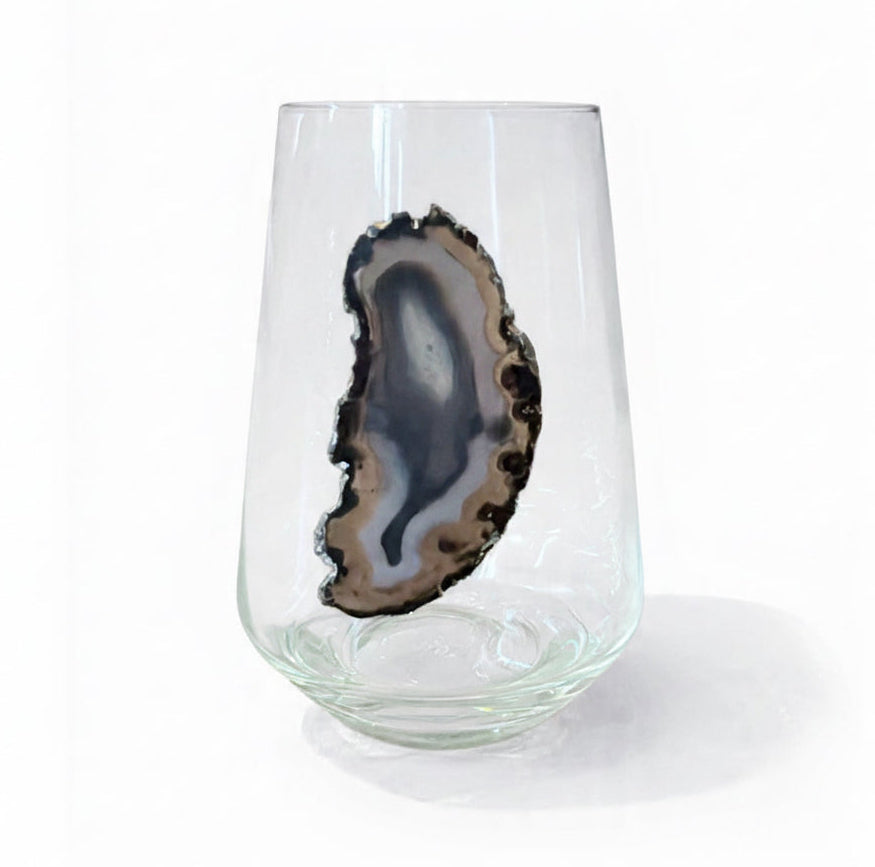 Black and Gray Agate Geode Stemless Crystal Wineglasses. Set of 4