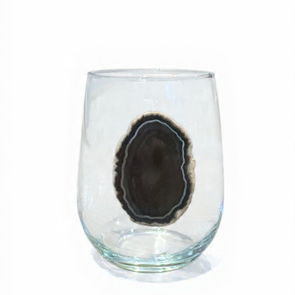 Deep Brown Natural Agate Geode Stemless Wineglass. Set of 4