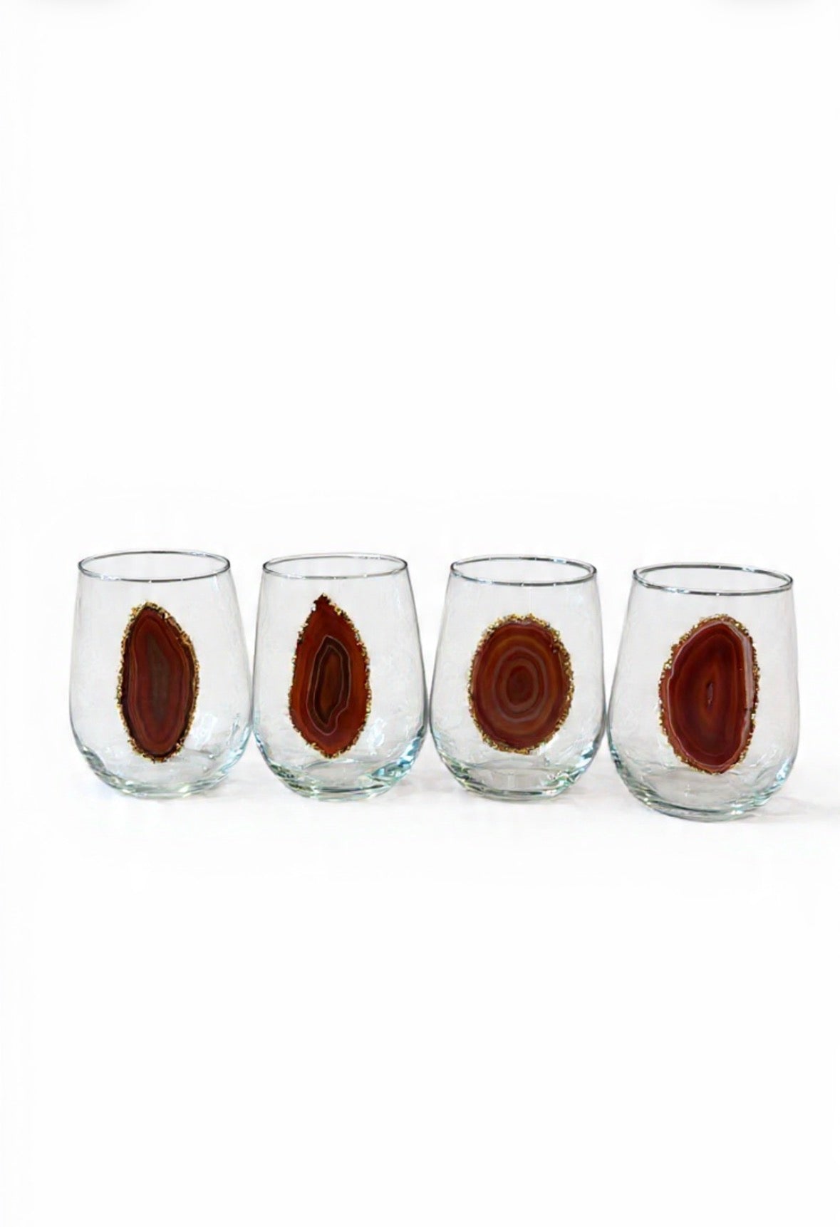 Amber Agate Sliced Geodes Stemless Wineglasses. Set of 4