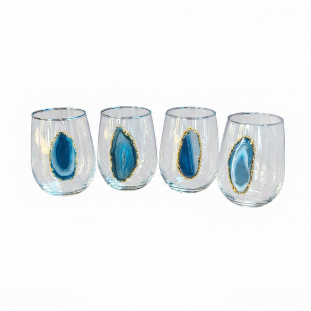 Blue agate geode stemless wineglasses. Set of 4