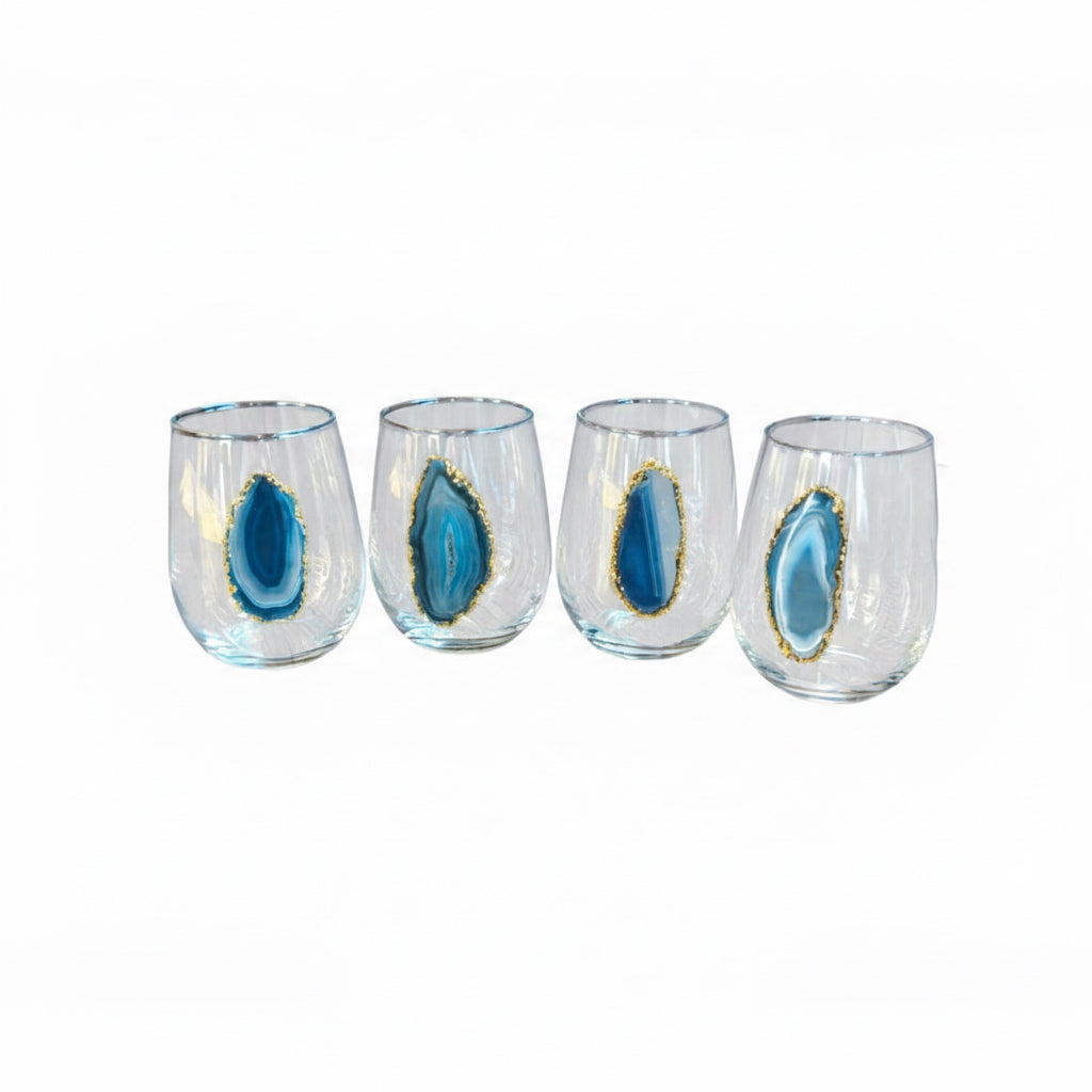 Blue agate geode stemless wineglasses. Set of 4