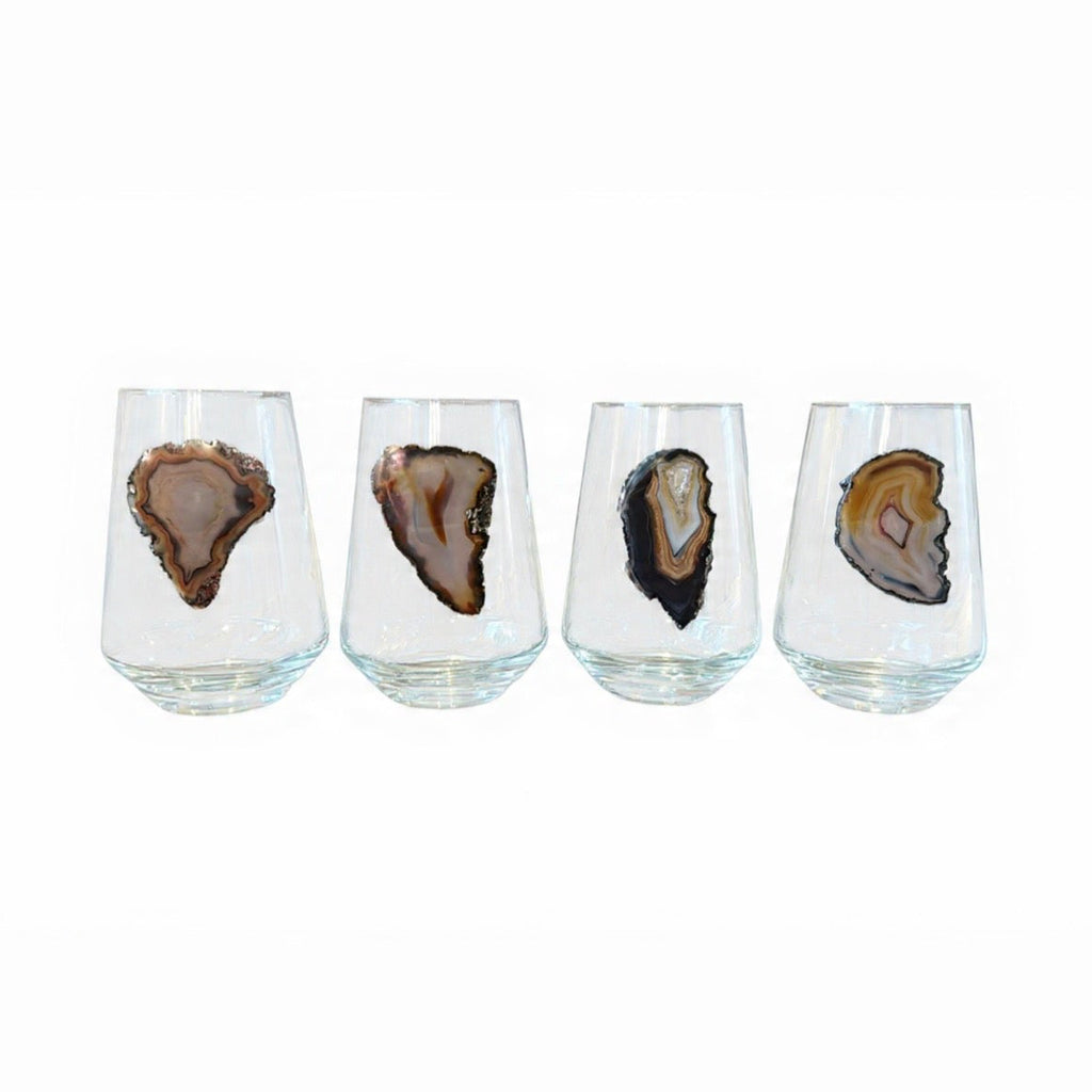 Natural Agate Sliced Geodes Crystal Stemless Wineglasses. Set of 4