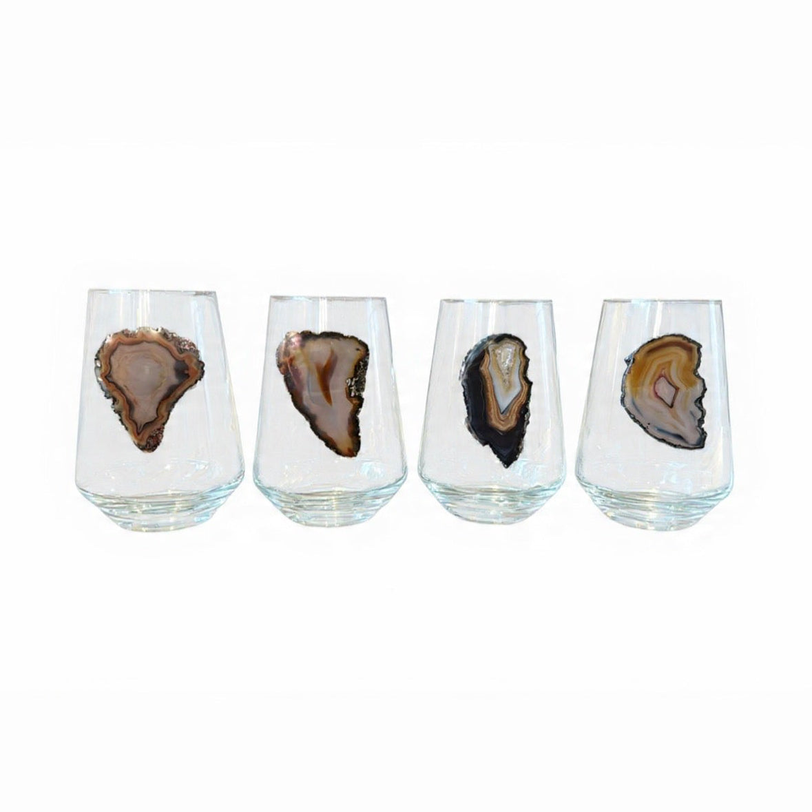 Natural Agate Sliced Geodes Crystal Stemless Wineglasses. Set of 4